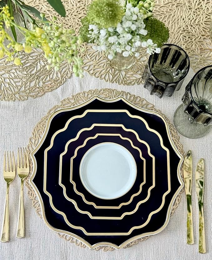 " OCCASIONS " 20 Pieces 13.25'' Scalloped Disposable/Reusable Plastic Charger Plates for Wedding, (Scalloped Imperial Black & Gold)