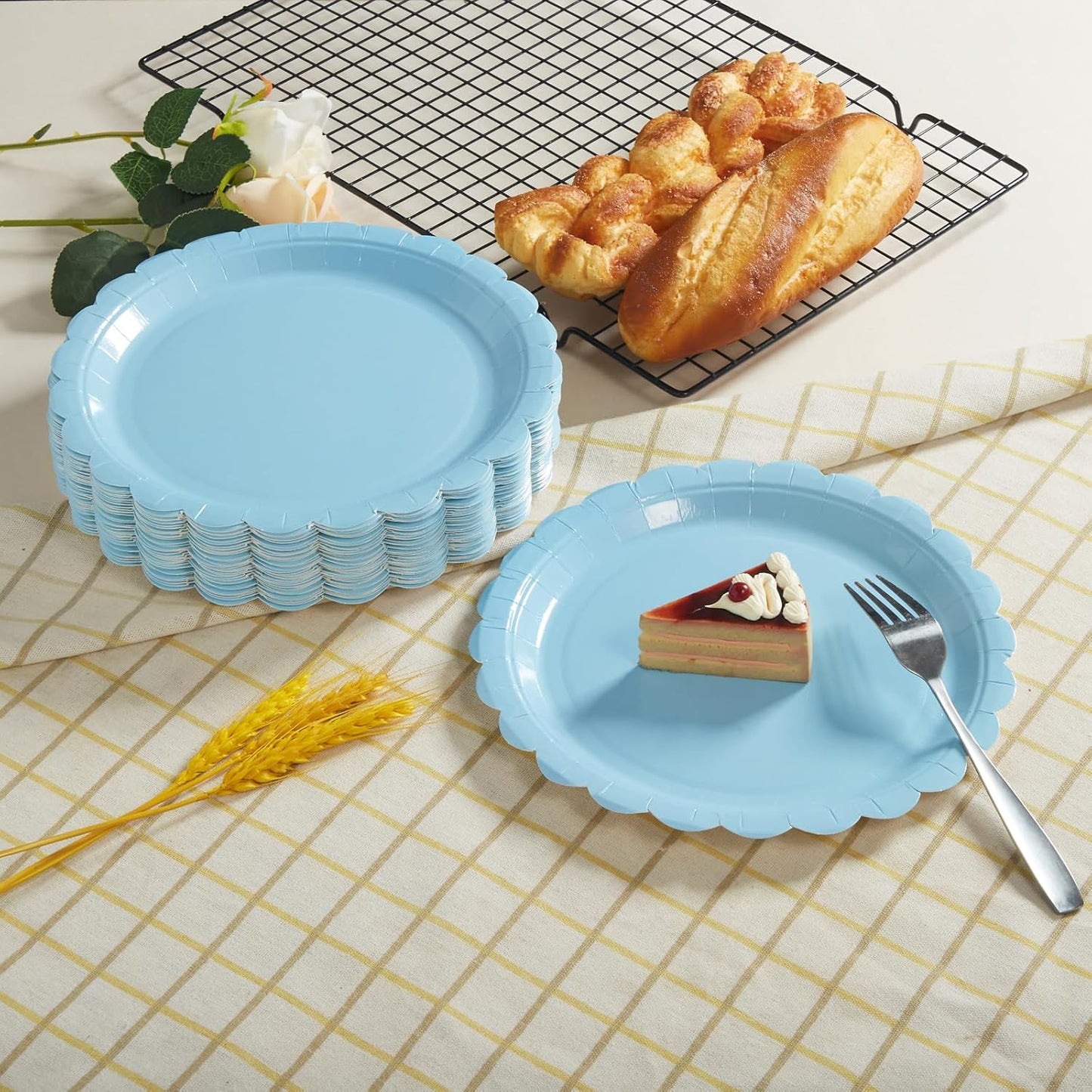 BEFORYOU 50PCS Scalloped Disposable Paper Plates Dessert Cake Party Plates for Baby Shower, Wedding,Bridal Shower Birthday Party Supplies (Blue, 7IN)