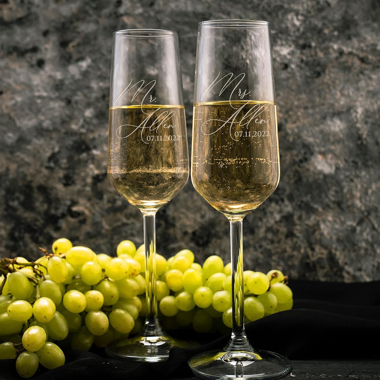 GIFTBYGIFTY Personalized Wedding Champagne Flutes for Bride and Groom- Set of 2, 7 oz, 2 Designs - Mr and Mrs Champagne Glasses for Engagement with Your Surname and Date - D2