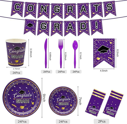 Graduation Decorations Class of 2026,147 PCS Purple and Gold Graduation Decorations,Disposable Congrats Grad Tableware Banner Graduation Plates Cups Tablecloth for Party Supply,School,College,Serve 24