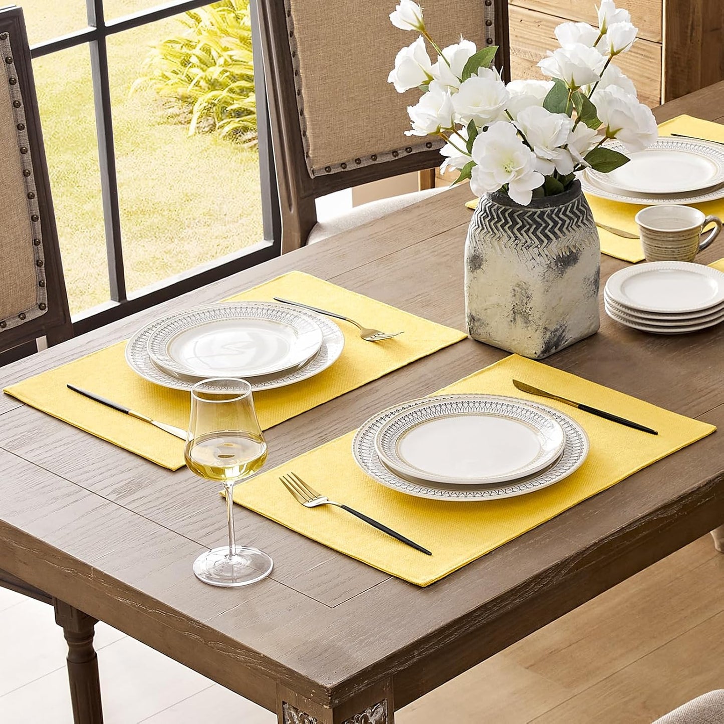 Romanstile Cloth Placemats Set of 8-12 x 18 Inch, Heat Resistant Double Layered Thickened Burlap Place Mats, Washable Faux Linen Farmhouse Table Mats for Kitchen/Dining/Party/Outdoor, Yellow