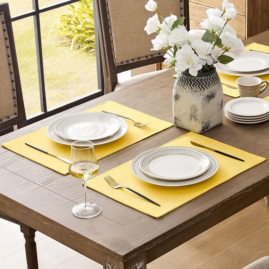 Romanstile Cloth Placemats Set of 8-12 x 18 Inch, Heat Resistant Double Layered Thickened Burlap Place Mats, Washable Faux Linen Farmhouse Table Mats for Kitchen/Dining/Party/Outdoor, Yellow
