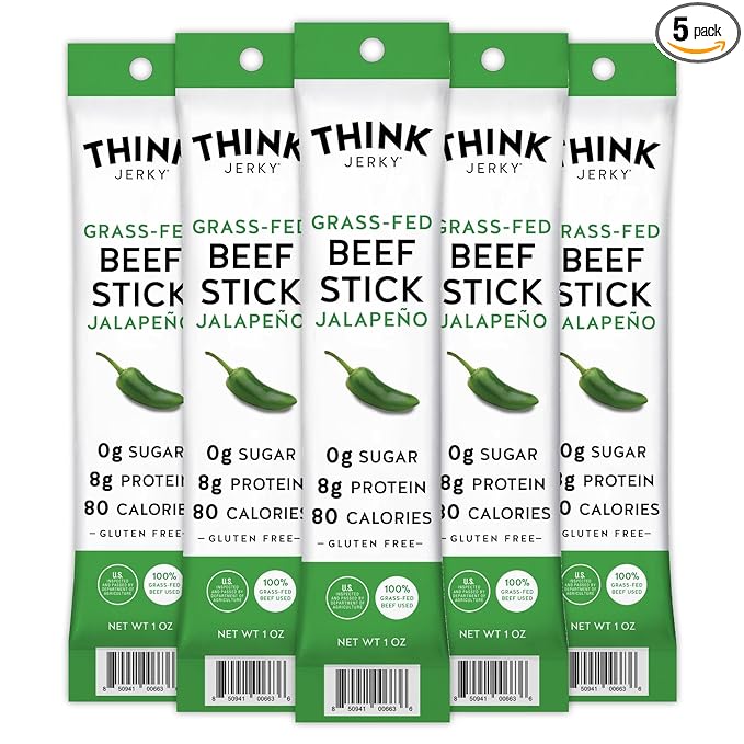 Think Jerky, Jalapeno Grass-Fed Beef Sticks 1 Ounce (Pack of 5) - Sugar Free, Gluten Free, No Nitrates, Keto Friendly, Paleo, High Protein, Low Carb