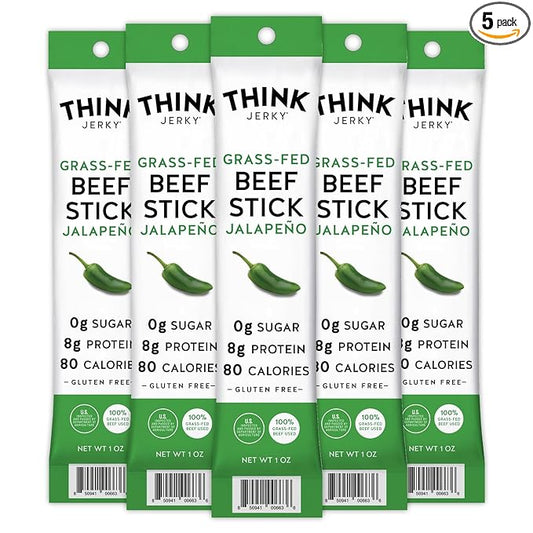 Think Jerky, Jalapeno Grass-Fed Beef Sticks 1 Ounce (Pack of 5) - Sugar Free, Gluten Free, No Nitrates, Keto Friendly, Paleo, High Protein, Low Carb