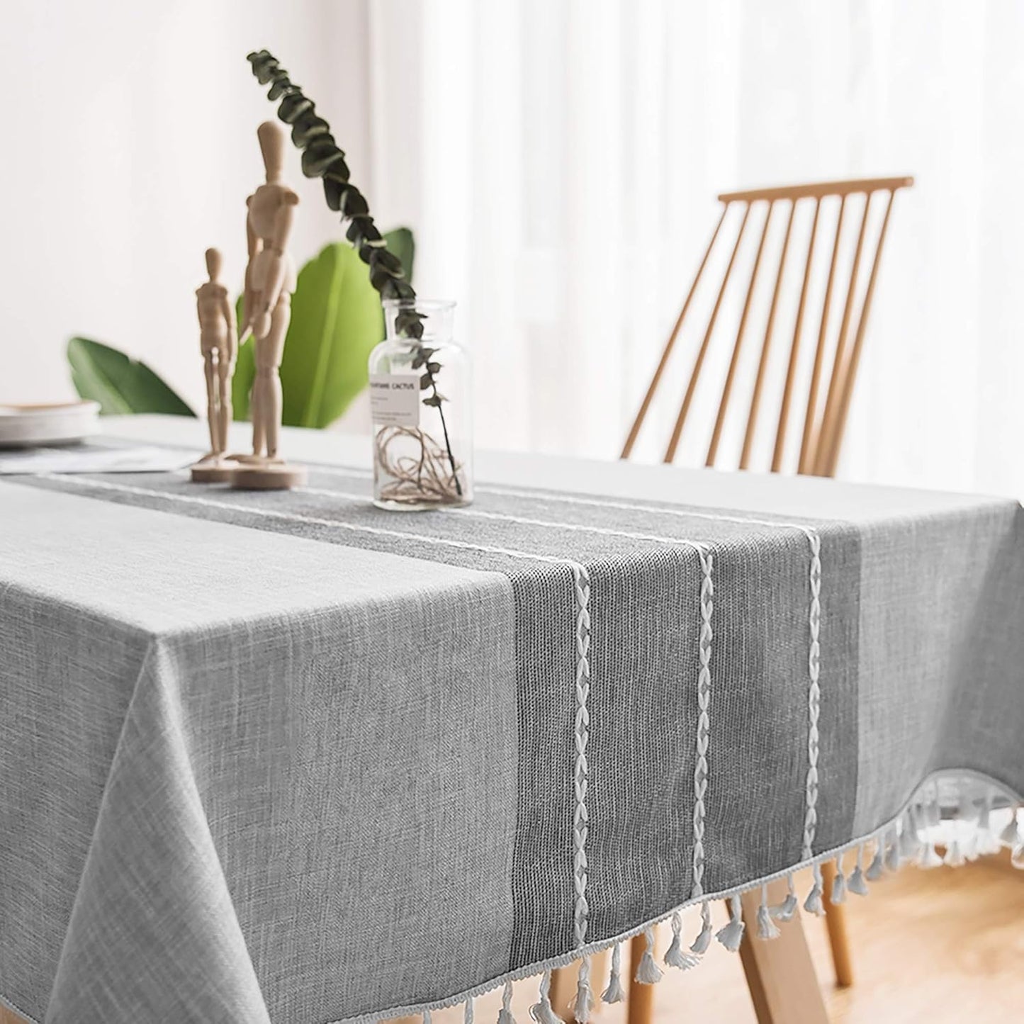 Oubonun Cotton Linen Rectangular Tablecloth - Wrinkle Resistant & Waterproof - Machine Washable Table Cloth with Tassels for Kitchen & Dining, 55''x102'', 8-10 Seats