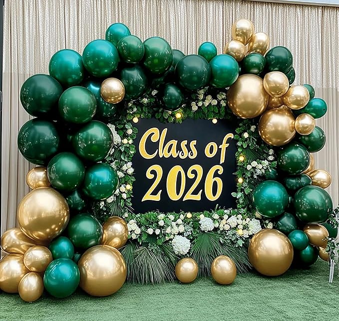 Emerald Green Gold Balloons Garland Double Stuffed Dark Green Gold Balloons Hunter Forest Metallic Arch Kit for Birthday Baby Shower Jungle Graduation Party Decorations