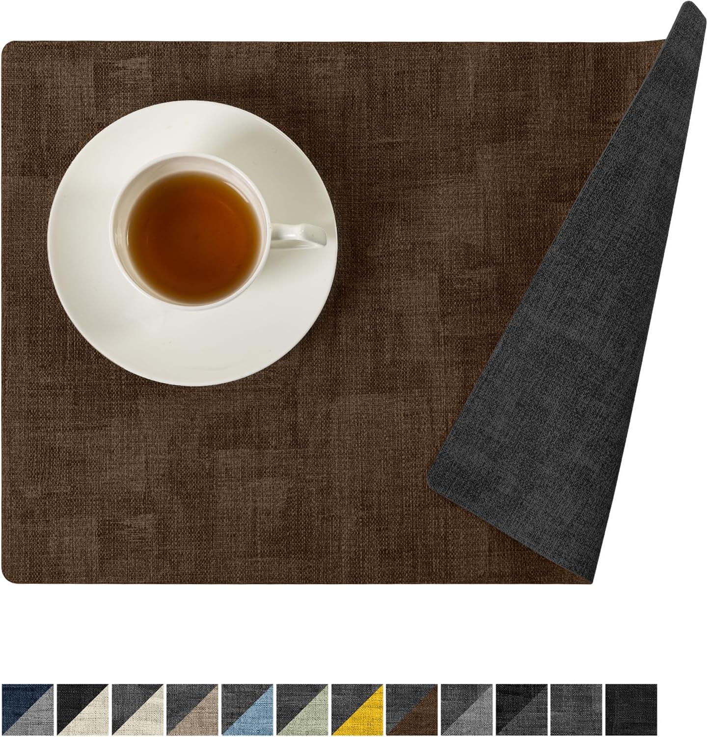 Romanstile Reversible Vinyl Placemats Set of 4, Faux Leather 100% Waterproof Oil-Proof Wipeable Place Mats, Heat Resistant Dual Sided Table Mats for Kitchen/Dining/Party (Grey Brown, 12 x 17 Inch)