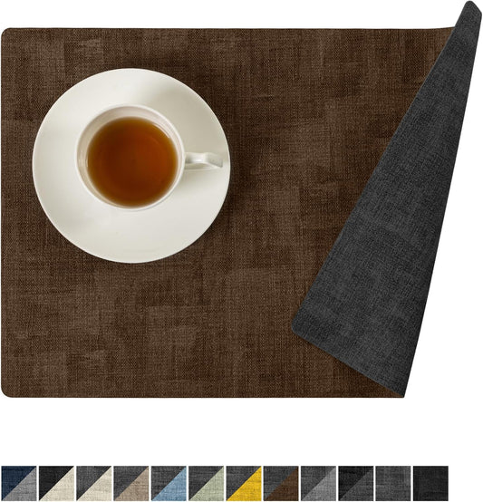 Romanstile Reversible Vinyl Placemats Set of 4, Faux Leather 100% Waterproof Oil-Proof Wipeable Place Mats, Heat Resistant Dual Sided Table Mats for Kitchen/Dining/Party (Grey Brown, 12 x 17 Inch)