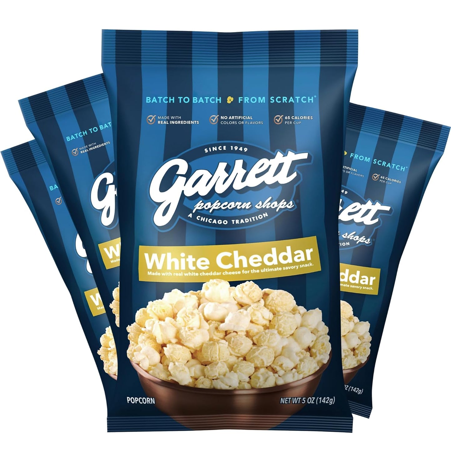 Garrett Popcorn White Cheddar, 5.0oz, 4 Bags, White Cheddar Gourmet Popcorn, Gluten Free, Savory Snack, Popped Popcorn Bags