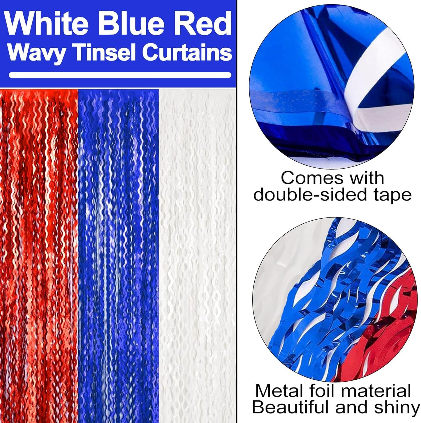 4 Pack White Blue Red Fringe Curtain Backdrop 3.2Ft x 8.2Ft Metallic Tinsel Foil Fringe Streamers Background for Photo Booth Mother's Day, Easter, Carnival, Birthday, Wedding Party Decoration