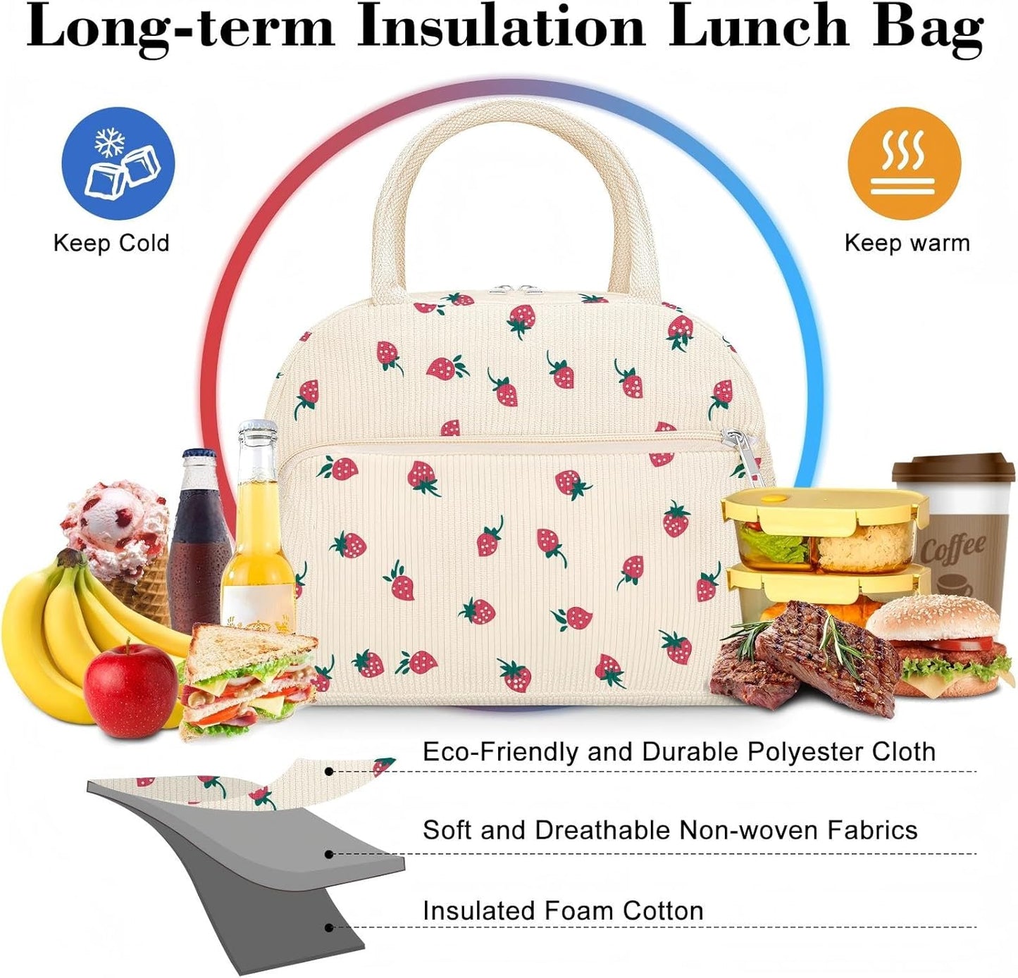 Coobiiya Lunch Bag for Women Men, Cute Corduroy Lunch Tote Bags Insulated Reusable LunchBox Large Capacity Cooler Bag for Work Travel Picnic