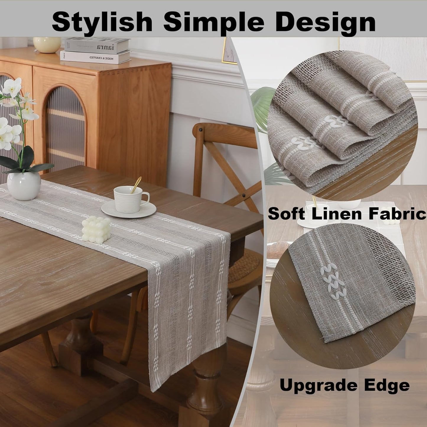 Gernaice Boho Table Runner, Embroidered Cotton Linen Farmhouse Table Runners for Dresser Dining Living Room Bedroom Home Decor, 48" L X 13" W Brown