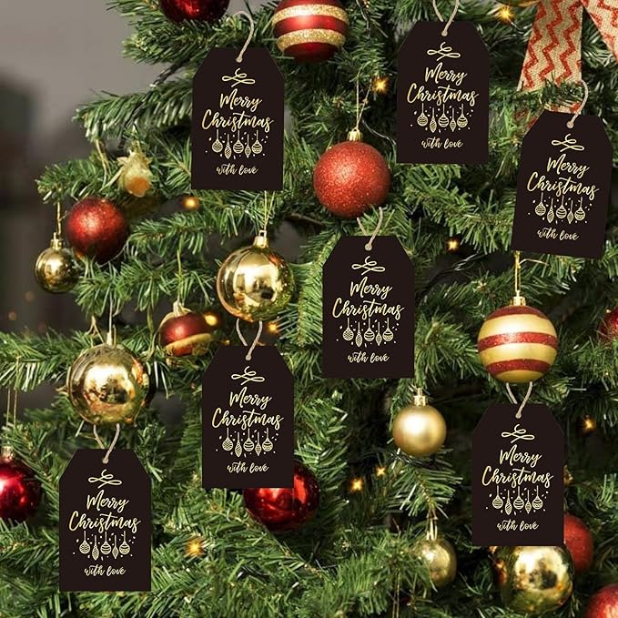 Anwyll Christmas Gift Tags with String - 50Pcs Gold and Black Merry Christmas with Love Tags for Gifts Xmas Gift Tag Happy Holidays Hang Paper Label Tag for Present Wrap Goodie Bag Holiday Party Favor