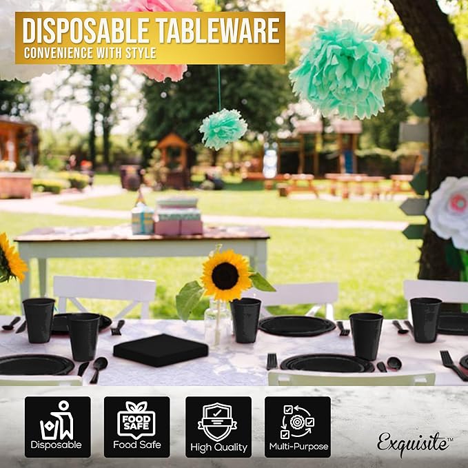 350 Pcs Black Plastic Plates For Party, Black Disposable Plates Set, 50 Of Each 9" Dinner Plate Set, 7" Dessert Plate, Cups, Napkins & Cutlery Plastic Dinnerware Exquisite