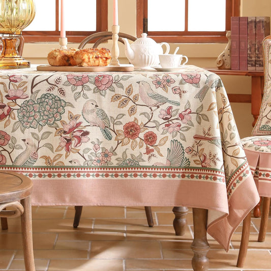 patdrea Designer Pink Linen Table Cloth for Rectangle Table,Vintage Floral with Birds Pattern Decorative Tablcloth,French Table Cover for Kitchen Dining,Thanksgiving,Christmas,63"x102"-Kulom a