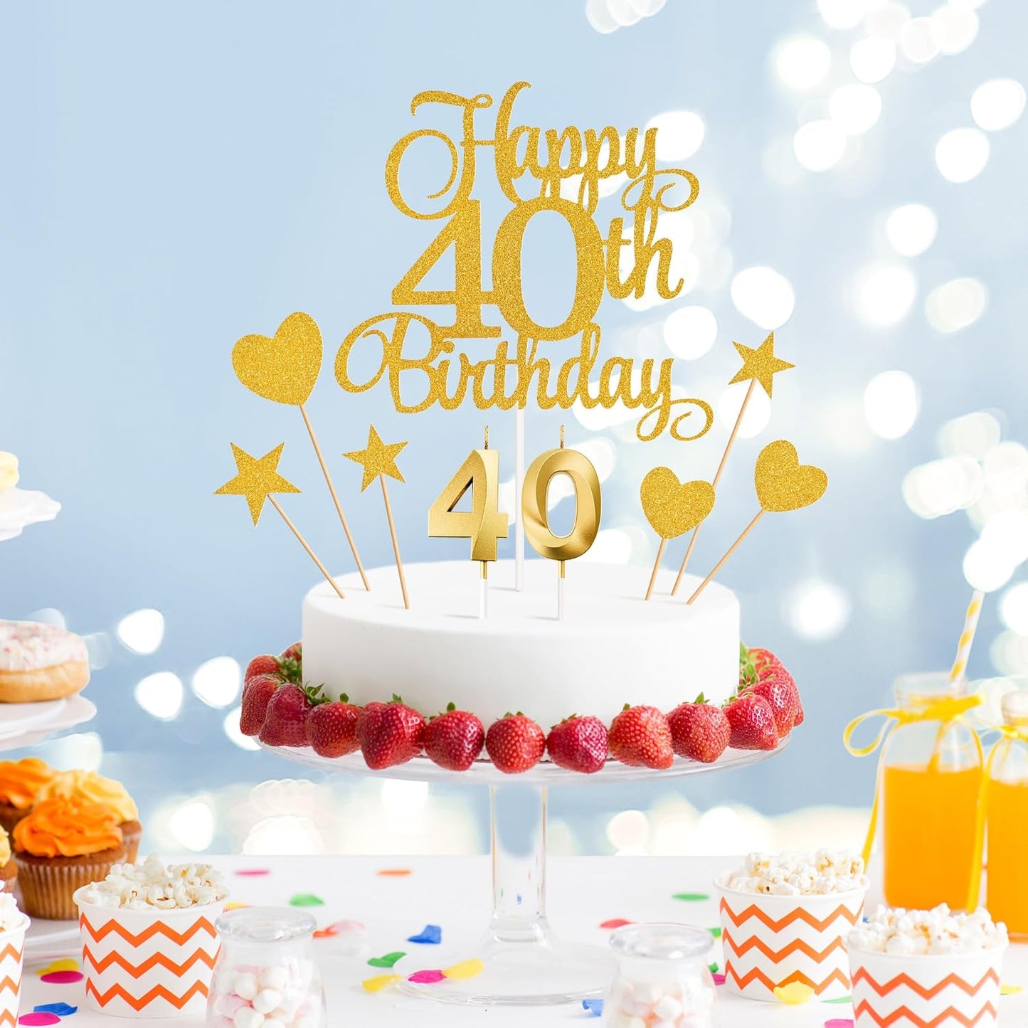 40th Birthday Cake Decorations, 40th Birthday Candles Cake Numeral Candles and Glitter Happy 40th Birthday Cake Toppers Set for Birthday Party Supplies (Gold)