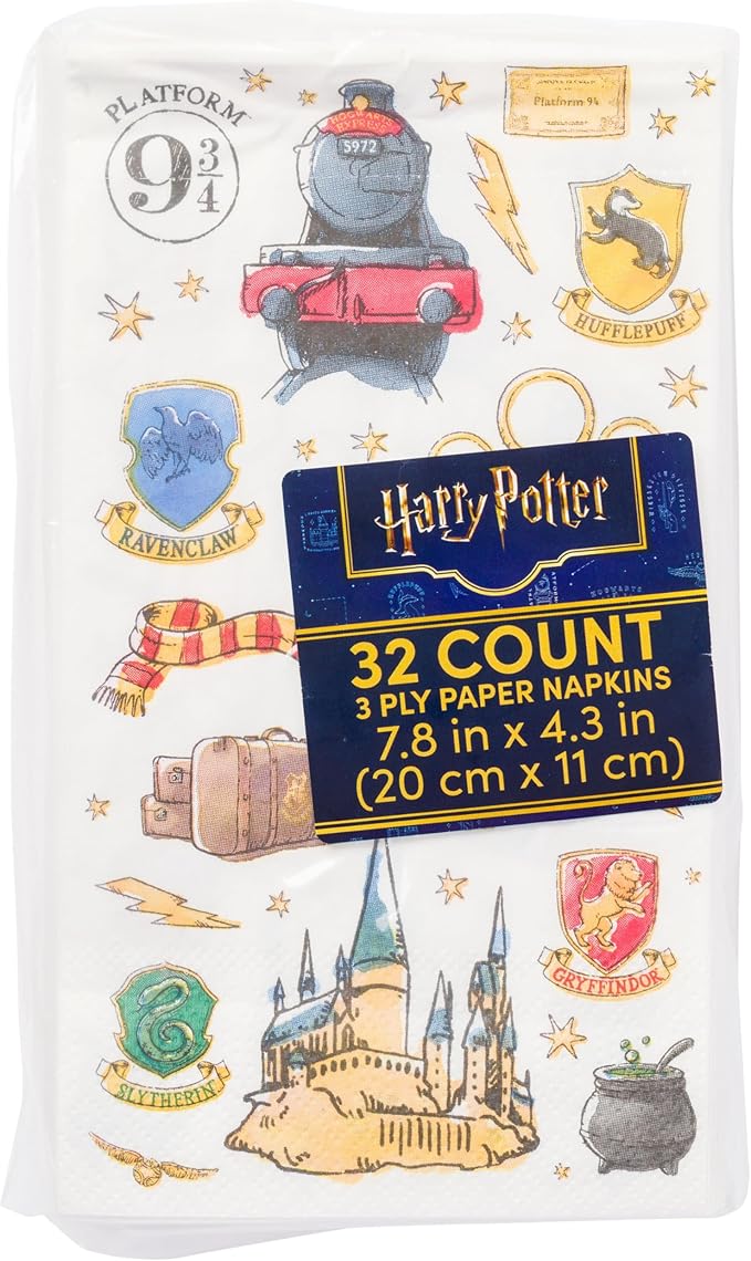 Silver Buffalo Harry Potter Featuring Hogwarts, Platform 9 3/4, Hufflepuff, Slytherin, Gryffindor, Ravenclaw, and Hedwig 32 Pack Party Paper Napkins