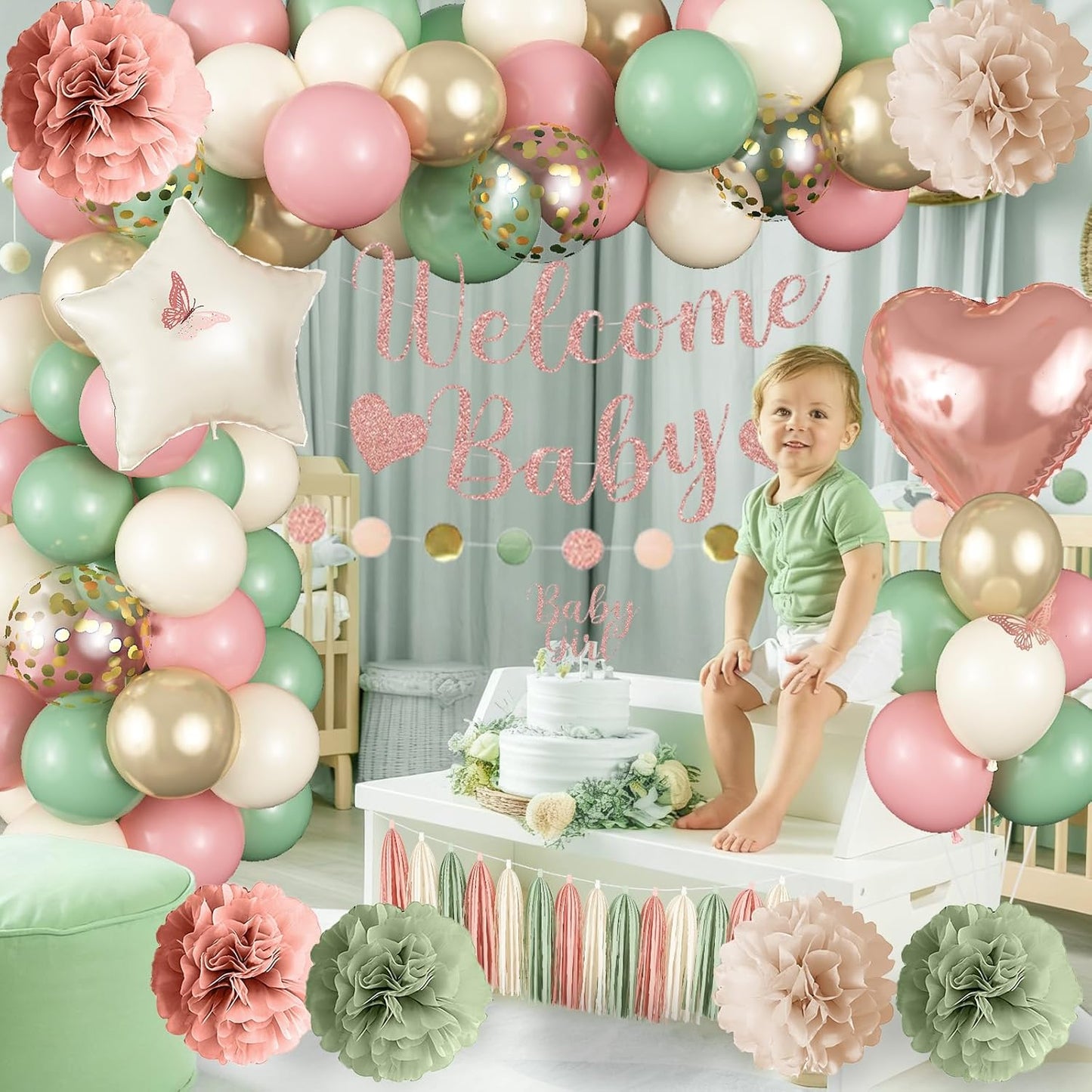 Baby in Bloom Baby Shower Decorations, Sage Green Dusty Blush Pink Gold Sand White Latex Confetti Balloons with Banner Cake Topper Pom Poms Tassel for Girls Boho Fairy Floral Birthday Party Decoration
