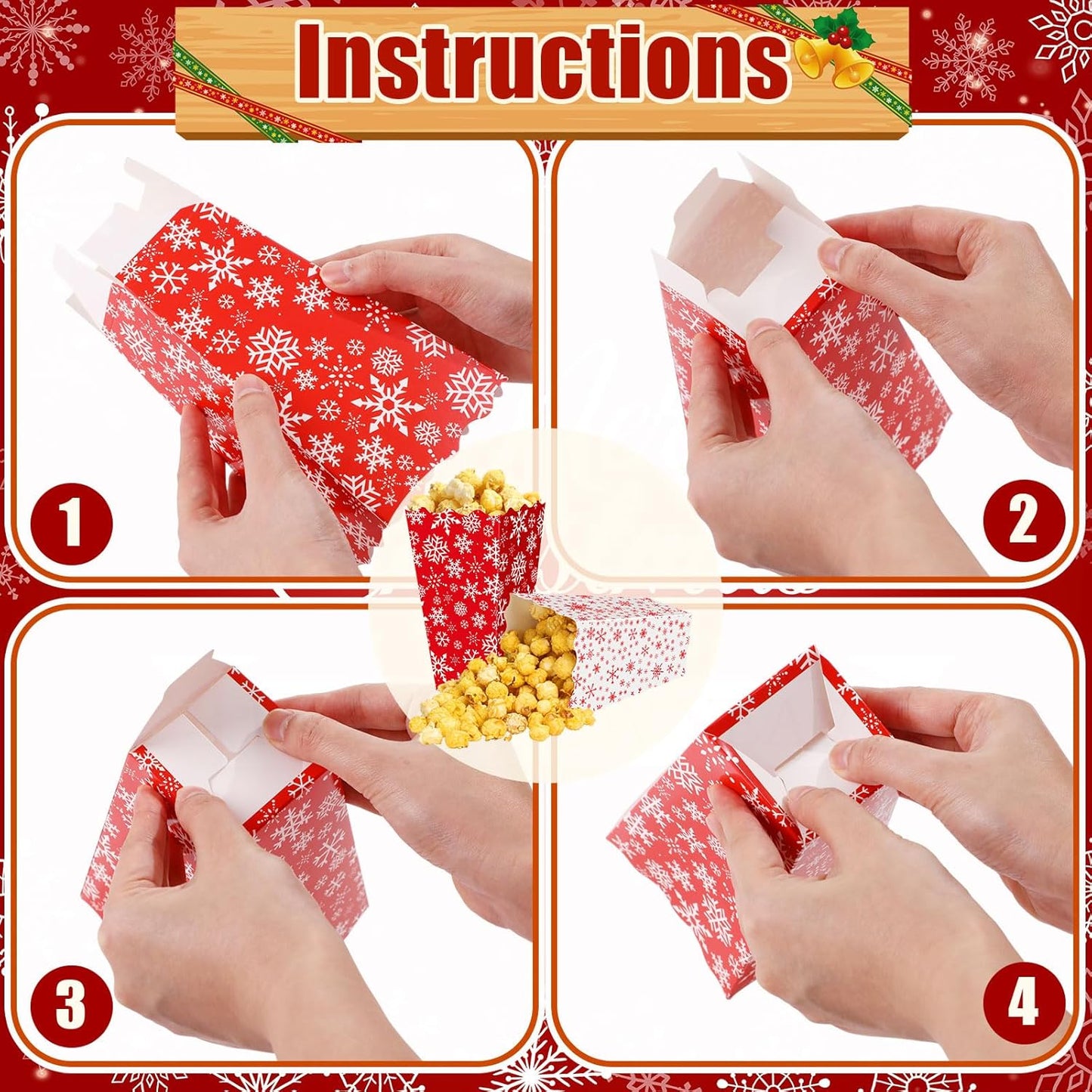 Tenceur 100 Pcs Christmas Snowflake Boxes Red Gingerbread Snowflake Boxes Christmas Paper Snow House Buckets Snack Containers Holiday Case for Xmas Party Gingerbread House Party Favors Supplies