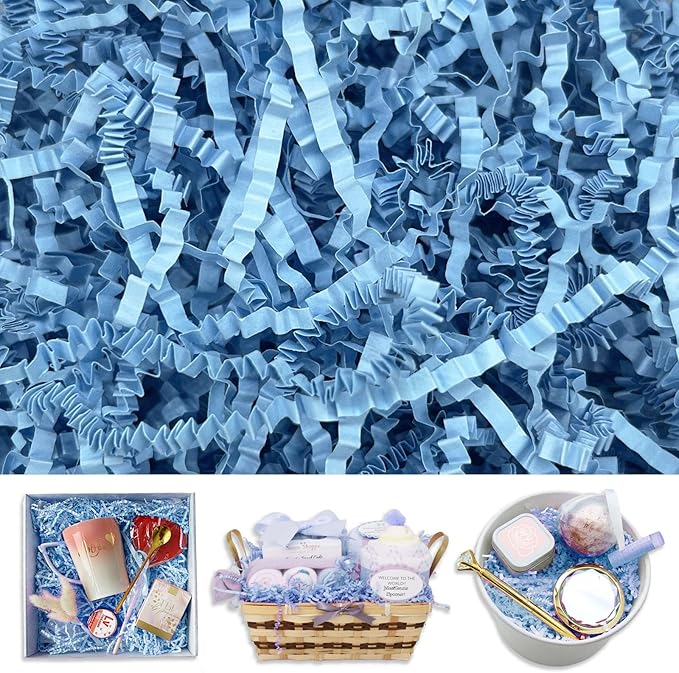 Sky Blue Crinkle Cut Paper Shred Filler, 2 LB Basket Filler Shredded Paper, Confetti Stuffing for Basket Filling, Halloween, Thanksgiving, Christmas, Birthdays, Gift Wrapping, Stuffer Party Supplies