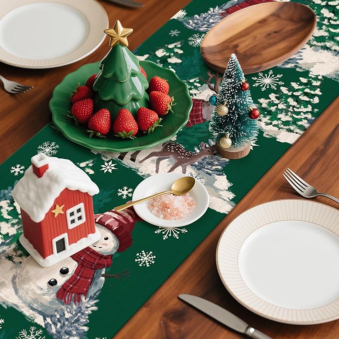 Artscope Reindeer Snowman Christmas Tree Table Runner, Xmas Winter Snowflakes Holiday Kitchen Dining Table Decoration for Christmas Home Party Decor 13x90 Inch-Green