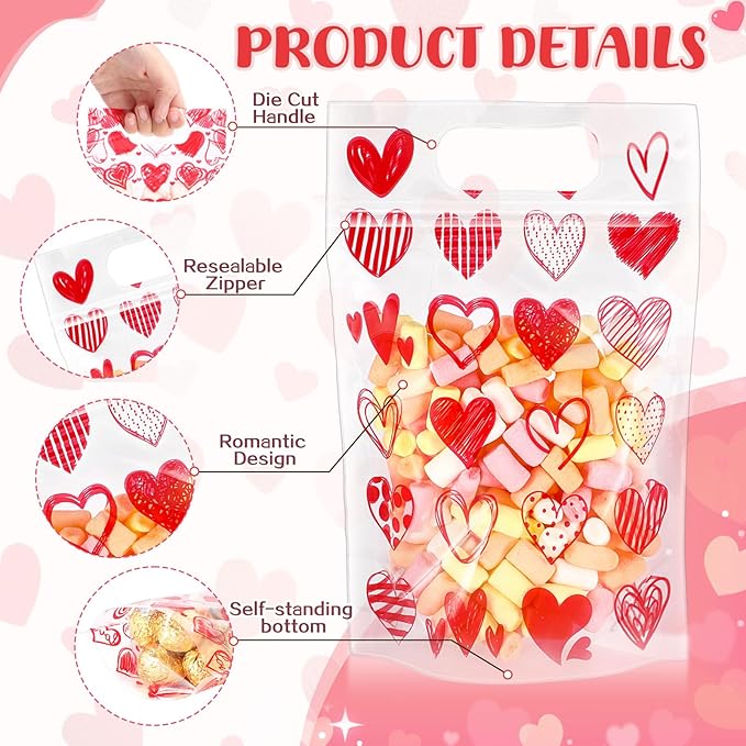 Blosssound 25 Pcs Valentine's Day Gift Bags Valentines Standing Plastic Reusable Red Heart Bag with Handles Galentines Day Wrapping Pouch for Classroom Wedding Birthday Party Favor (Mixed Valentines)