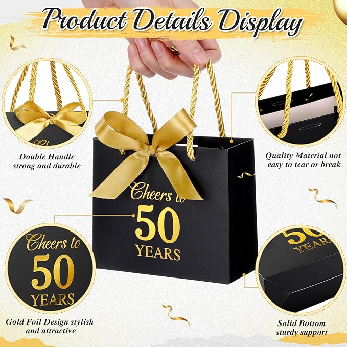 Moinchore 30 Pcs Black Gold 50 Birthday Paper Gift Bags Bulk 5.5 x 4.7 x 2.5 in Mini Cheers to 50 Years Favor Bags with Handles Bow Ribbon Wrap for Birthday Anniversary Wedding Day Party Supplies