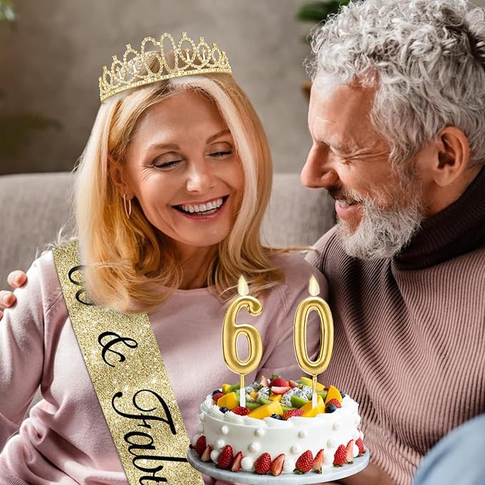 60th Birthday Decorations for Women Gold with Sash and Tiara, Gold Number Candles, 60th Birthday Gifts for Women