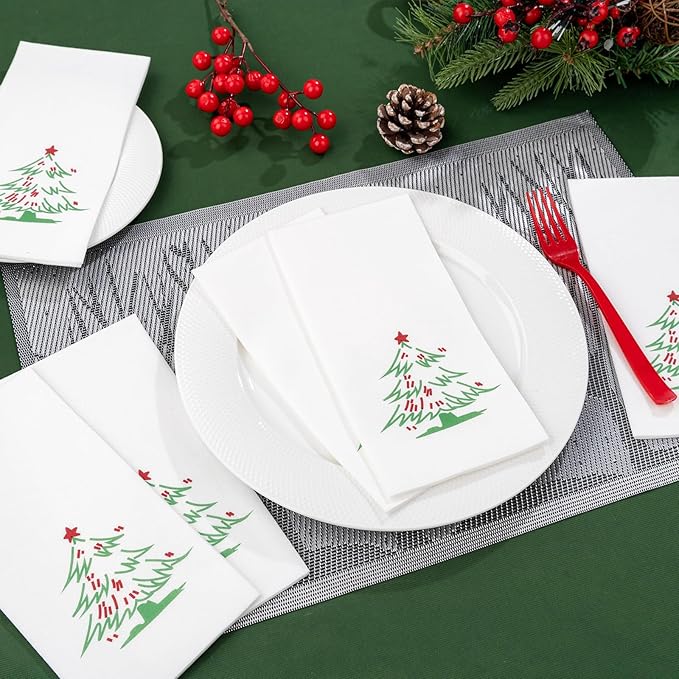 Supernal 100pcs Christmas Napkins Disposable - Christmas Tree Paper Napkins - Linen Like Holiday Napkins - Party Dinner Napkins Disposable Guest Towels for Bathroom Kitchen Christmas Party Decor