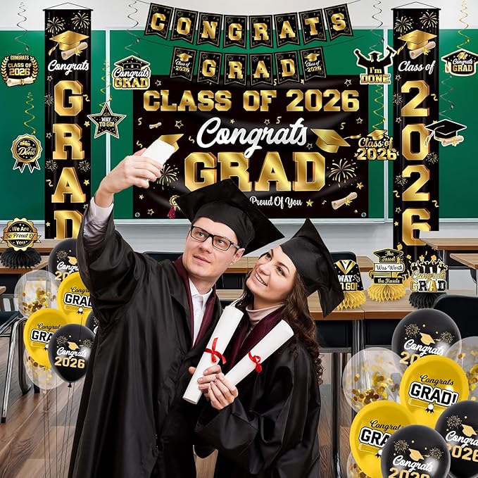 Graduation Decorations Class of 2026 Black and Gold Party Decor Set include Congrats Grad Banner Graduation Backdrop Class of 2026 Balloons Party Supplies