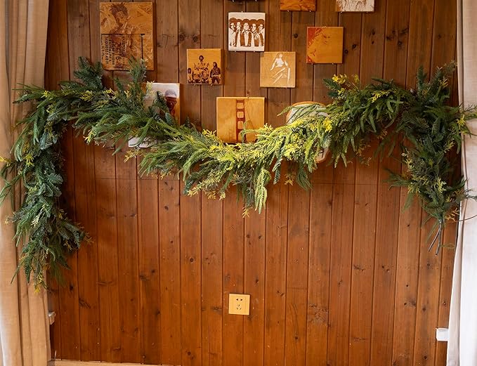 9ft Handmade Christmas Garland,Artificial Cypress Cedar Pine Needles Greenery Seasonal Garland for Christmas Fireplace Winter Holiday Indoor Outdoor Decoration