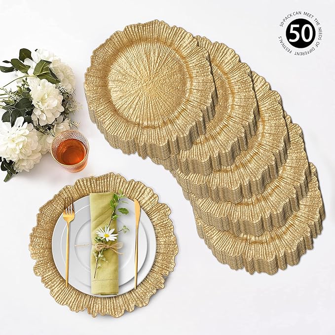 MAONAME 13" Gold Charger Plates Set of 50, Reef Plate Charger Bulk, Round Chargers for Dinner Plates, Plastic Table Chargers for Wedding Decor