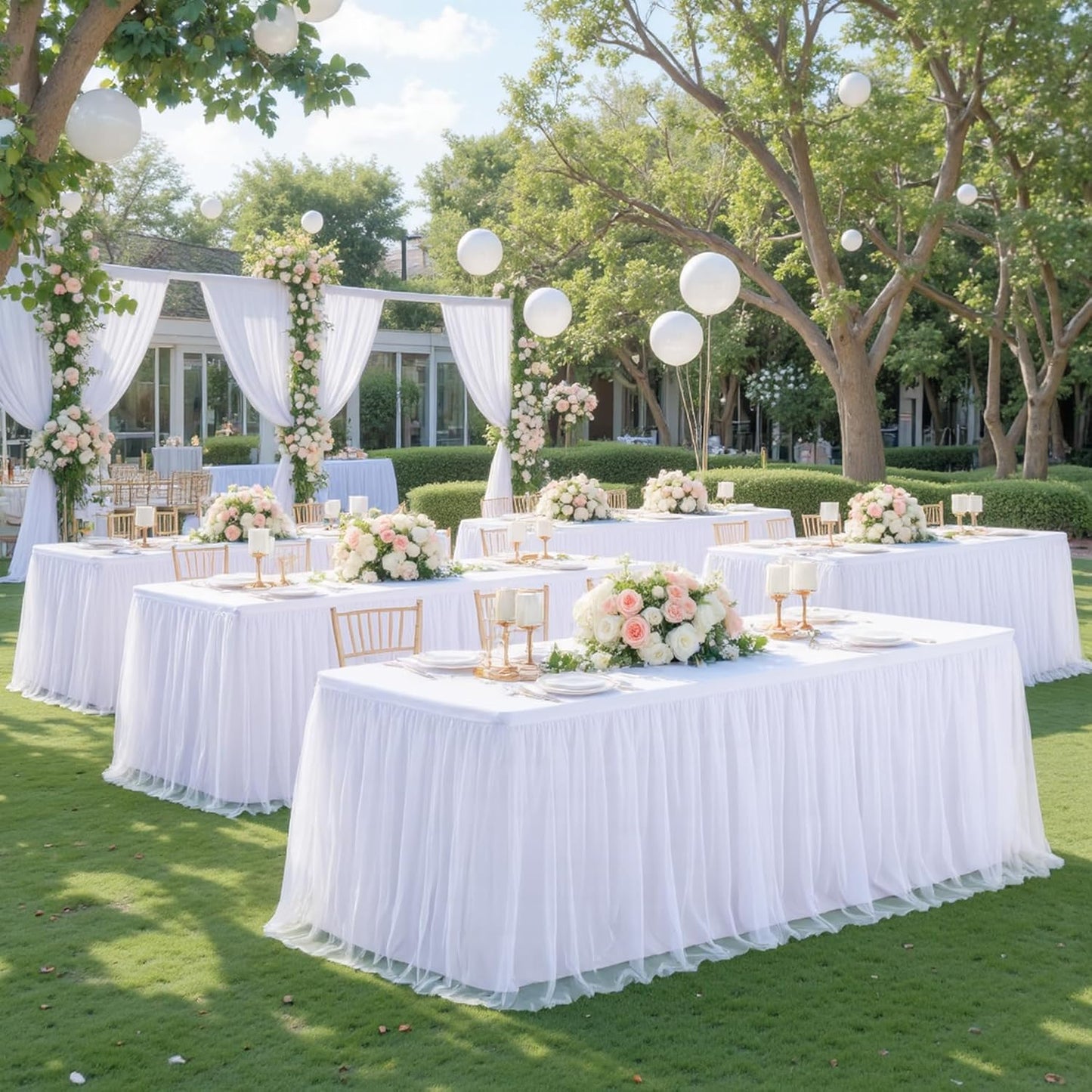 Suppromo White Tulle Tablecloth for 4 Foot Rectangular Tables, 48 x 24 Inch White Rectangle Table Cloth, Wrinkle Free Table Cover with Tutu Skirt for Wedding Birthday Party Banquet Tablecover