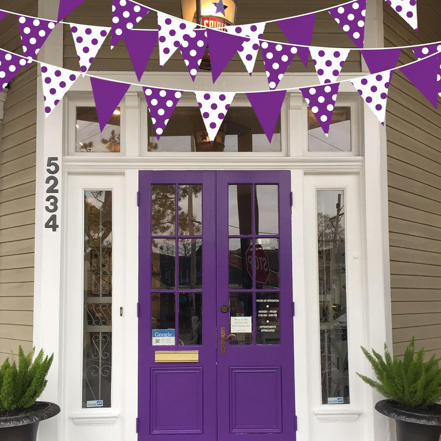 32Ft Purple Party Decorations Purple White Fabric Polka Dot Triangle Banner Pennant Flag Garland Streamers for Birthday Wedding Baby Shower Picnic BBQ Outdoor Lavender Mermaid Party Decor Supplies