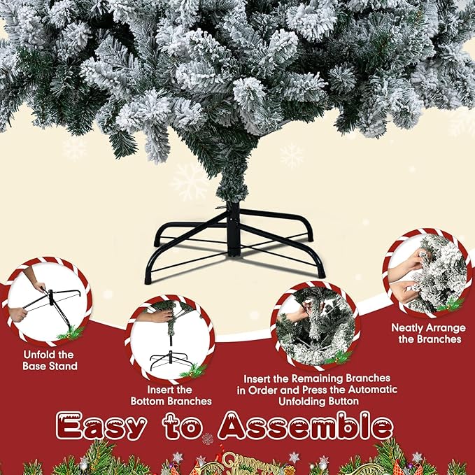 7Ft Prelit Christmas Tree,Snow Flocked Artificial Hinged Holiday Christmas Pine Tree,Xmas Tree w/400 LED Lights and 1500 Snow Flocked Branch Tips for Home,Office,Party Decoration
