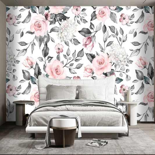 Grey Leaf Pink Flowers Mural Bedroom Floral Wallpaper Room Decor Living Room tv Background Large Wall Mural - 160"x108" (Not Peel and Stick)