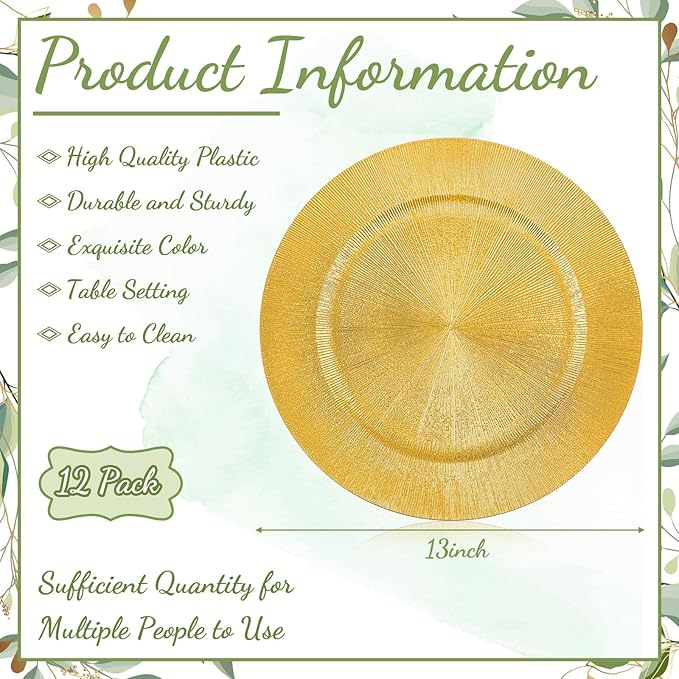 Tanlade 12 Pcs Charger Plates Bulk 13 Inch Plastic Round Wedding Chargers Floral Decorative Plates with Metallic Ruffled Rim for Wedding Party, Holiday Event Supplies(Gold)