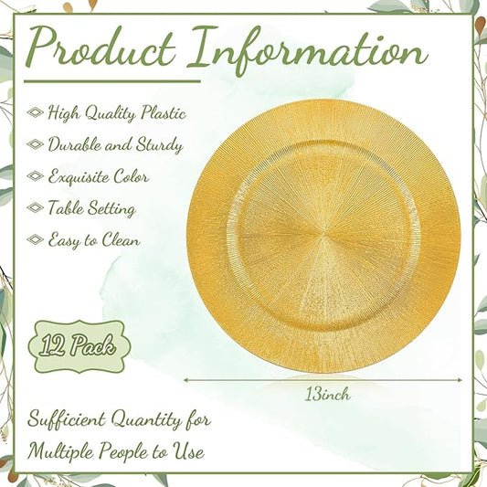 Tanlade 12 Pcs Charger Plates Bulk 13 Inch Plastic Round Wedding Chargers Floral Decorative Plates with Metallic Ruffled Rim for Wedding Party, Holiday Event Supplies(Gold)