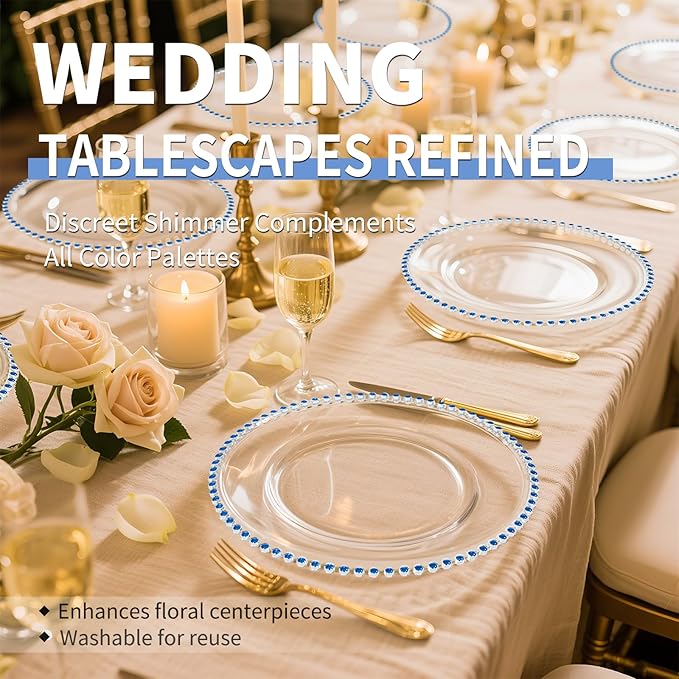 12 Pack Clear Charger Plates Bulk Wedding, 13 Inch Plastic Round Dinner Chargers with Blue Beaded Rim, Acrylic Round Decorative Plates for Wedding Party Home and Tabletop Decor (Blue)