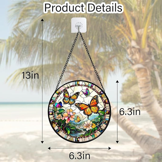 Stained Glass Window Hanging, Butterflies Flying in The Sky Suncatcher for Doors Home Sun Catchers Decoration and Christmas, Mother's Day Birthday Gifts for Women, Men, and Mom 6.3 in