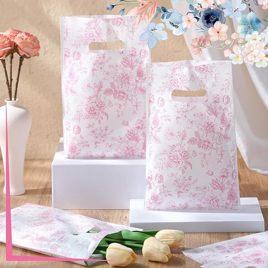 Supervitae 100 Pcs Plastic Pink Gift Bags Flower Party Favor Bags Bulk with Handles for Valentine Mother's Day Birthday Spring Wedding Bridal Baby Shower Snacks Goodies Candy Treat Tea Party Supplies