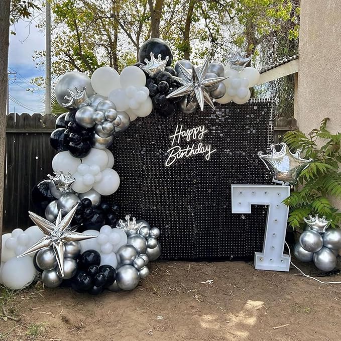 153Pcs Black and Silver White Balloon Garland Arch Kit with Stars, 22 18 12 10 5 inch Disco Ball Balloons Black White Metallic Silver Confetti Balloon for Birthday Graduation Party Decorations