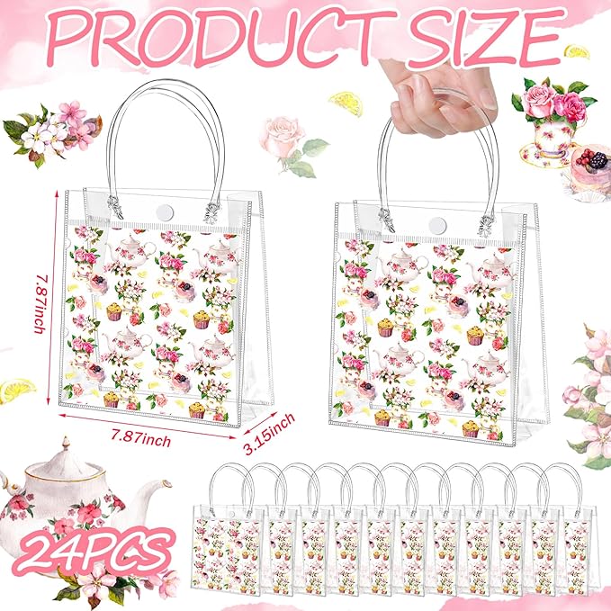 Tioncy 24 Pcs Tea Party Gift Bags Tea Party Clear PVC Gift Bags Decorations Floral Teapot Goodie Treat Bags with Handles for Birthday Goody Wedding Events Favors Supplies