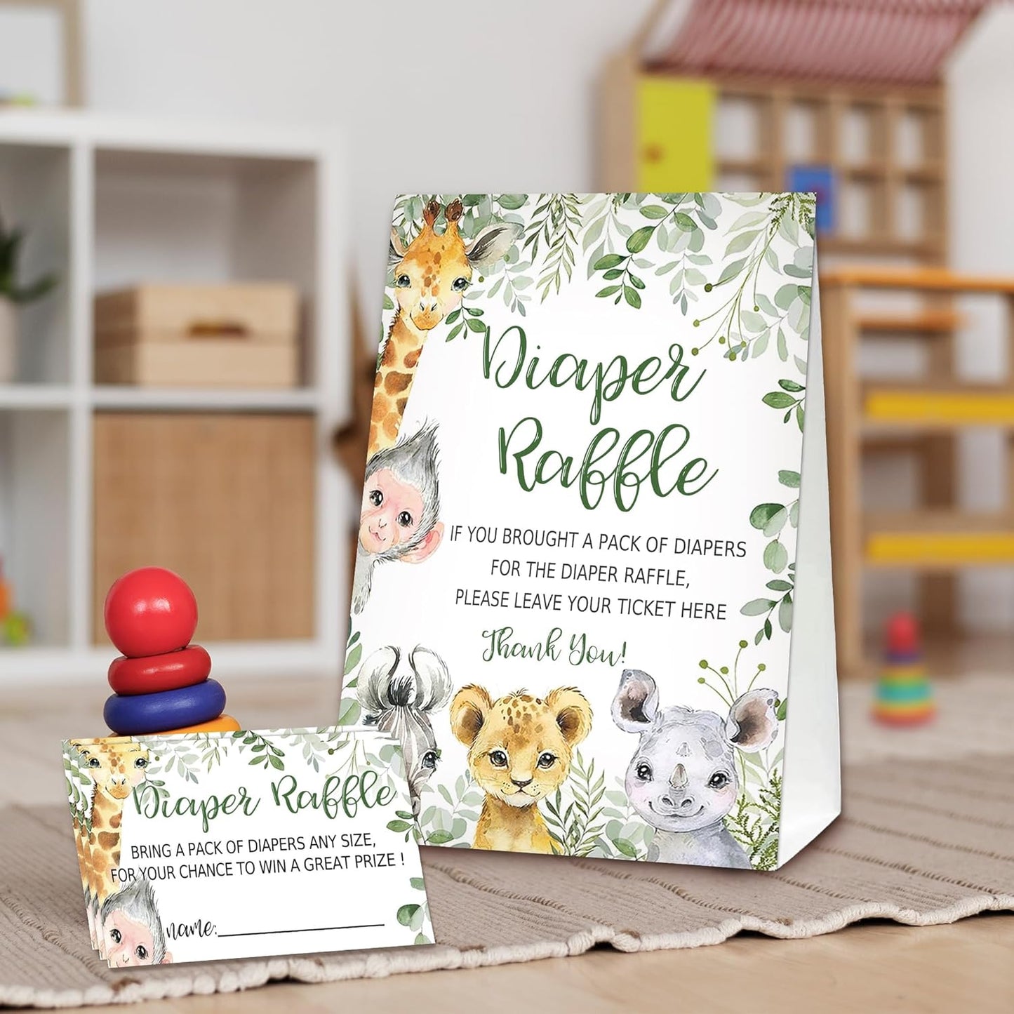 Jungle Animals Diaper Raffle Tickets for Baby Shower Game, 1 Standing Sign(5 * 7 Inch) & 50 Guessing Cards for Baby Shower Party Decoration