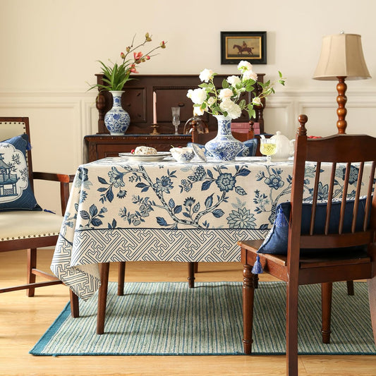 Vintage Blue and White Long Rectangle Tablecloth,French Linen Floral Wrinkle Free Tablecloths,Decorative Table Cover for Kitchen,Dining,Party,Thanksgiving,Christmas,63"*102"-Suqing
