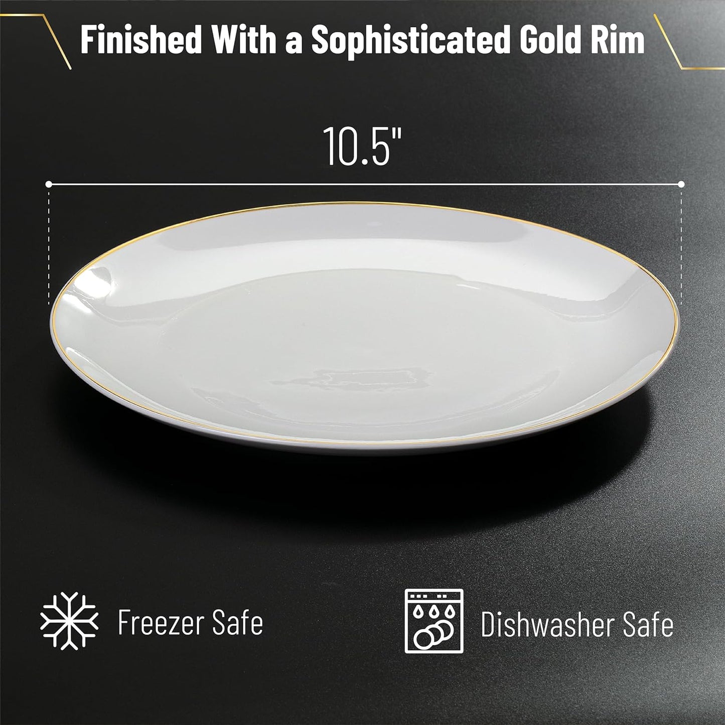 BTaT- White Porcelain Dinner Plates, Set of 12, 10.5" Gold Rimmed, Classic Style, Formal Dining, Christmas Gifts