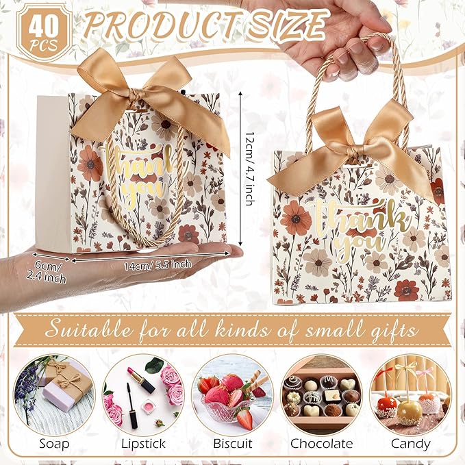 Moinchore 40 Pack Wildflower Thank You Gift Bags with Handles Small Thank You Party Favor Bags with Bow Wedding Welcome Tote for wedding Holiday Bridal Shower Party(Vintage Champagne Flowers)