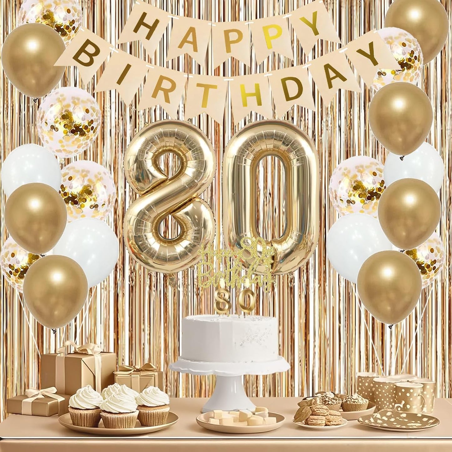 Trgowaul 80th Birthday Decorations for Women, Banner, Sash and Crown, Cake Topper, 80 Number Balloon, Fringe Curtains, Champagne Gold 80th Birthday Party Supplies