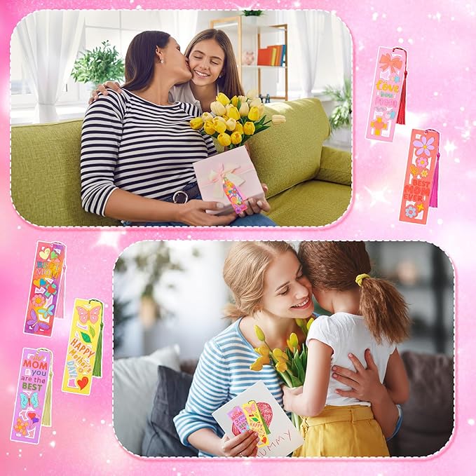 Yexiya 100 Pcs Mother's Day Wooden Bookmark Craft Kit, 50 DIY Paintable Bookmarks with 50 Tassels, Bulk Classroom Gift Set for Mom Grandma from Students