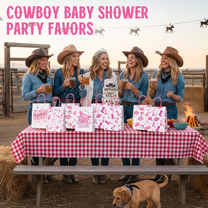 Gaillty 24 Pcs Western Cowgirl Paper Bags Let's Go Girls Boot Hat Pink Cowgirl Gift Bags Wild West Goodie Candy Treat Bag with Handles for Birthday Baby Shower Party Supplies Western Party Decor